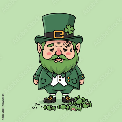 Cartoon Leprechaun with a Hangover After St. Patricks Day.
