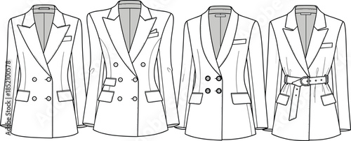 Cad drawing flat vector illustration of women’s blazer jacket collection with lapel collar, button details, pockets, belt waist, fashion design