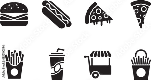 Set of iconic fast food illustrations including a burger, hot dog, pizza, fries, and drink
