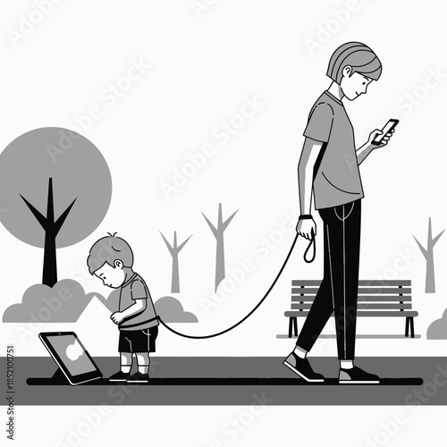 Digital Neglect: Parent on Phone Walking Child on Leash with Tablet