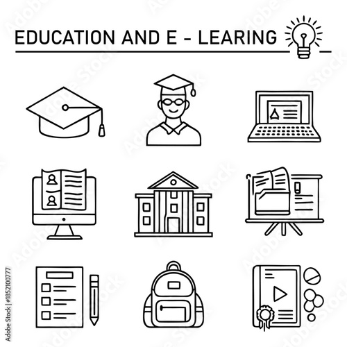Education Line Icons – Minimal E-Learning Vector Icon Set
A modern education and e-learning icon set created in minimalist line style with editable strokes. Perfect for online learning platforms.