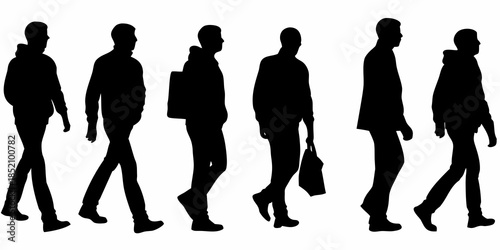 Silhouettes of people walking in different postures and clothing styles