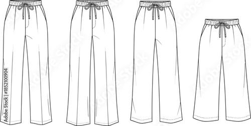 CAD drawing flat vector illustration of women’s wide-leg drawstring trousers set front view, technical fashion sketch template design