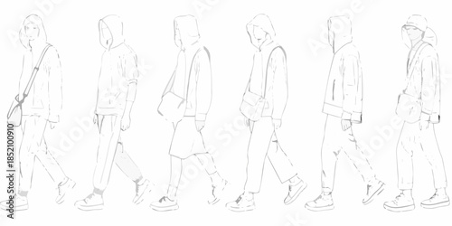 Fashion sketches of individuals wearing hoodies and casual streetwear