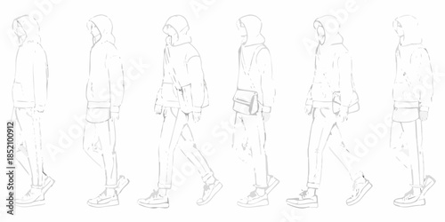 Sketch of a hooded figure in various walking poses side and front views