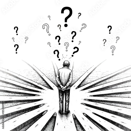 Decision Paralysis: Man Confused by Multiple Paths and Question Marks