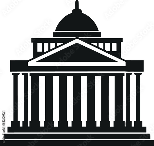 Black and white illustration of a classical building isolated on white background