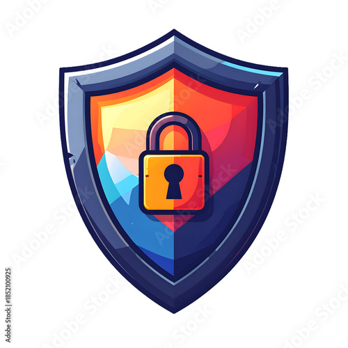 A secure shield security icon featuring a golden padlock symbol on a blue web button represents a safe internet privacy concept for protected computer data access and network safety