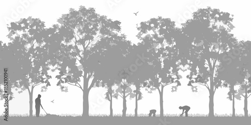 A grayscale landscape depicting trees people and a bird in flight