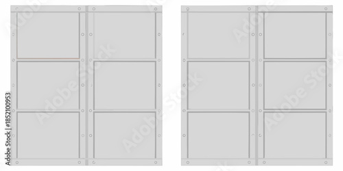 Two gray barn doors with paneling one with a subtle red accent