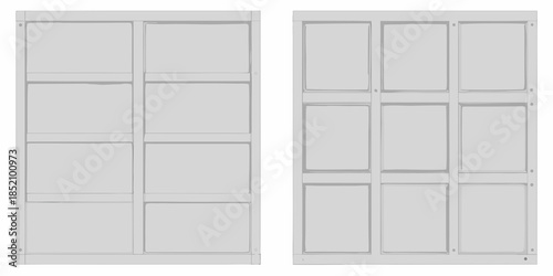 A pair of gray rectangular panel doors with a grid like design