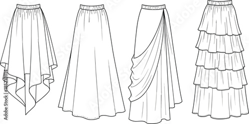 Cad drawing flat vector illustration of women's skirts, asymmetrical, draped, layered, technical sketch for fashion design, clothing front view