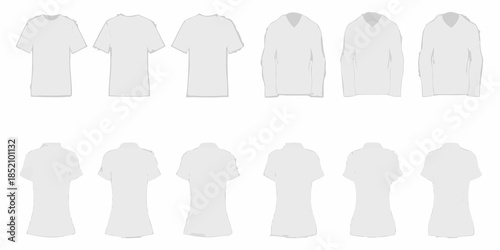 Collection of white t shirts and robes displayed on a neutral background