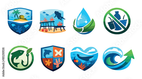 Colorful ocean conservation icons illustrating marine protection and sustainability