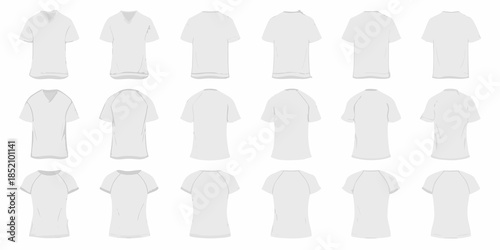 Collection of white t shirts with various necklines and sleeve styles displayed