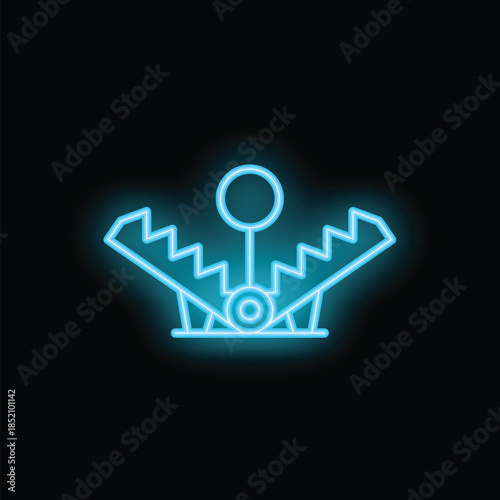 Blue neon sign depicting a bear trap on a black background, ideal for concepts such as danger, risk, or caution