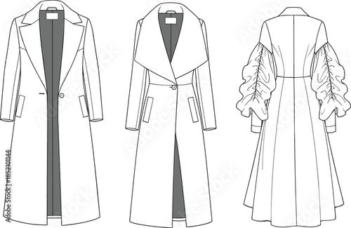 Cad drawing flat vector illustration of women's trench coat with ruffle sleeves, oversized collar, tailored silhouette, front and back view