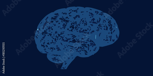 A detailed blue illustration of a human brain silhouette against a dark background