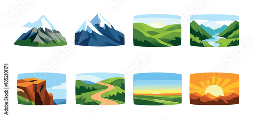 Set of eight scenic landscape icons featuring mountains hills and sunsets