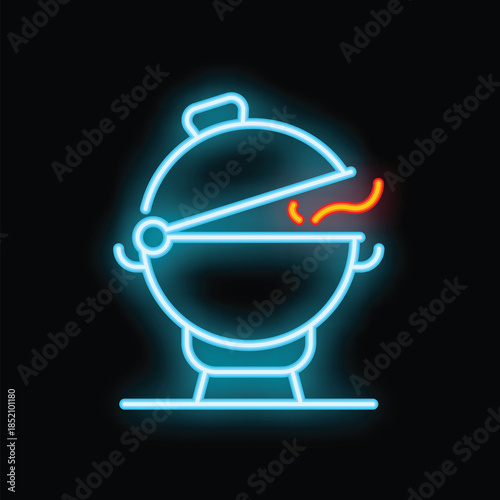 Blue and orange neon sign depicting a barbecue grill with the lid open and smoke coming out