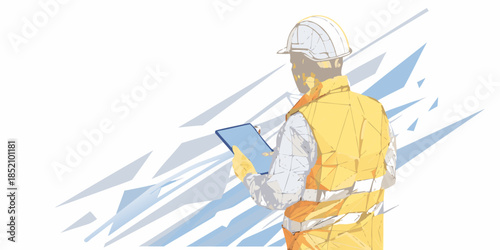 Construction worker inspecting with a digital tablet safety vest and hard hat