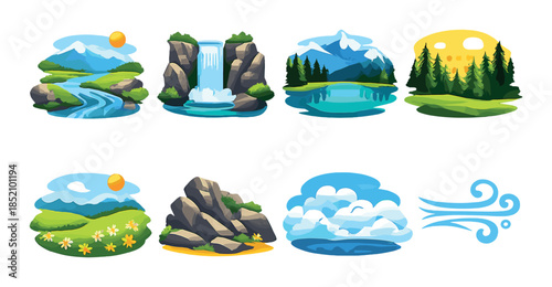Colorful nature landscapes and natural elements with mountains and waterfalls