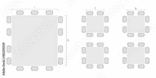 Overhead view of rectangular and square table arrangements for dining or meetings