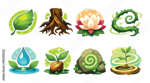 Nature-themed magical icons: leaf, root, lotus, vine, water, seed, stone, sprout