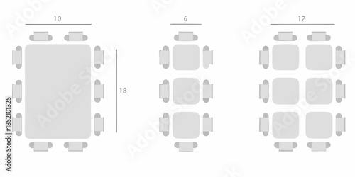 Overhead view of rectangular and circular tables with surrounding chairs