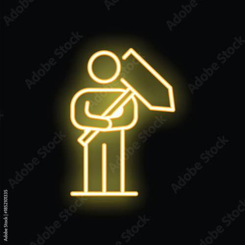 Brightly glowing yellow neon sign of a construction worker holding a sledgehammer