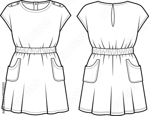 cad drawing flat vector illustration, casual short sleeve dress with elastic waist, front pockets, shoulder tabs, fashion technical sketch design