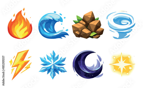 Colorful icons of elements: fire, water, earth, air, lightning, ice, moon, light