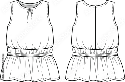 cad drawing flat vector illustration, casual sleeveless top with round neck, elastic waist, front bow tie detail, relaxed loose fit blouse