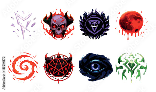 Mystical emblems: eight supernatural symbols with skulls and elements