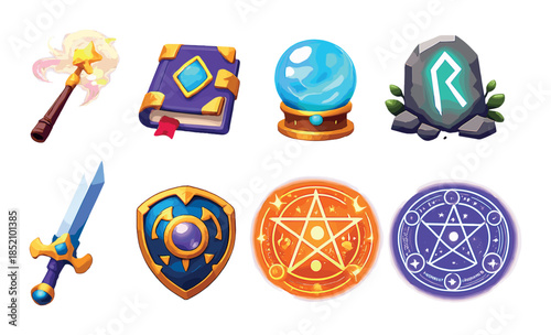Magical artifacts collection: wand, spellbook, crystal ball, rune, sword, shield, stars