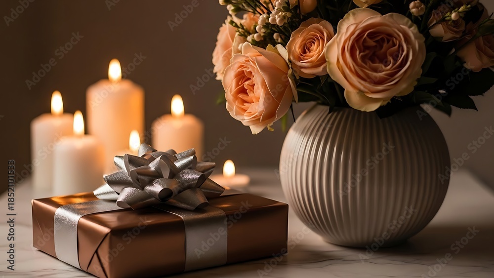Obraz premium Romantic gift and flower arrangement with candles