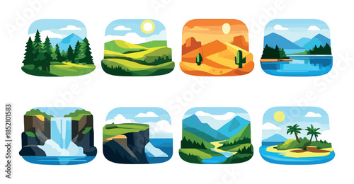 Illustrated nature scene icons featuring diverse landscapes