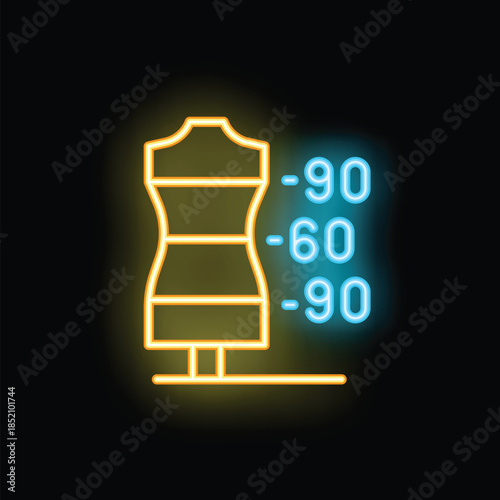 Glowing neon icon of a yellow mannequin with blue numbers for taking measurements, great for dressmaking, tailoring, fashion design studios, or sewing shops
