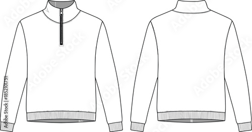 cad drawing flat vector illustration, front and back view half zip sweatshirt with ribbed hem and cuff, fashion technical sketch