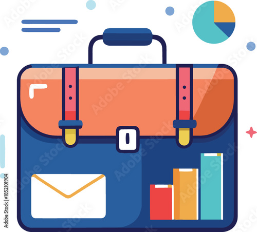 Blue briefcase with orange flap and colorful graphs isolated on white background