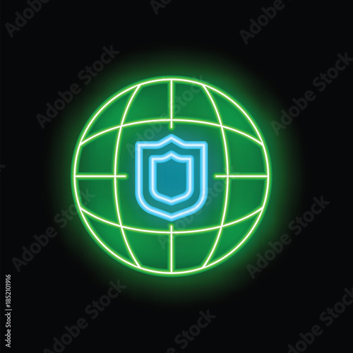 Neon green globe with a bright blue shield in the center, symbolizing worldwide protection and security