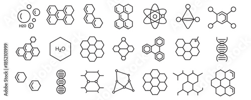Molecular structures and chemical compounds in simple line art