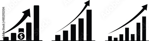 Three black and white bar graphs showing growth and increase in business finance and economy with arrows and dollar sign