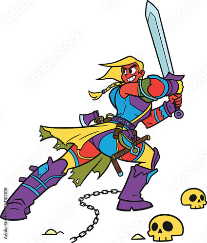 Fierce red-skinned barbarian warrior woman swinging a sword in battle with skulls