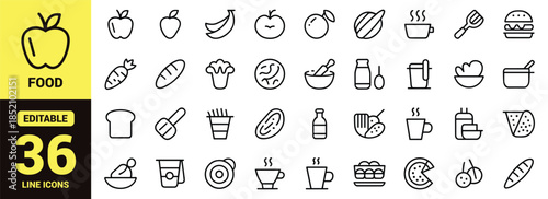 A collection of various outlined food and cooking related icons depicting meals ingredients and utensils