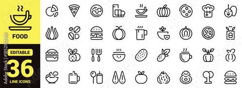 A collection of various outlined food and cooking related icons depicting meals ingredients and utensils