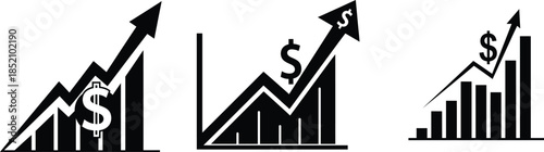 Three black and white graph icons showing growth and increase in finance and economy with dollar signs and arrows