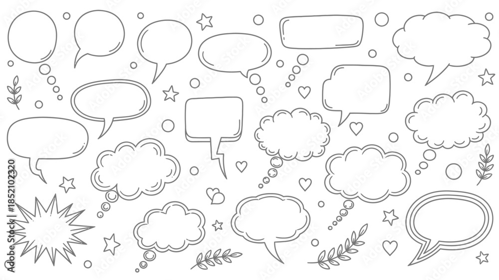Fototapeta premium A collection of hand drawn speech bubbles thought bubbles and decorative elements in a whimsical black and white style