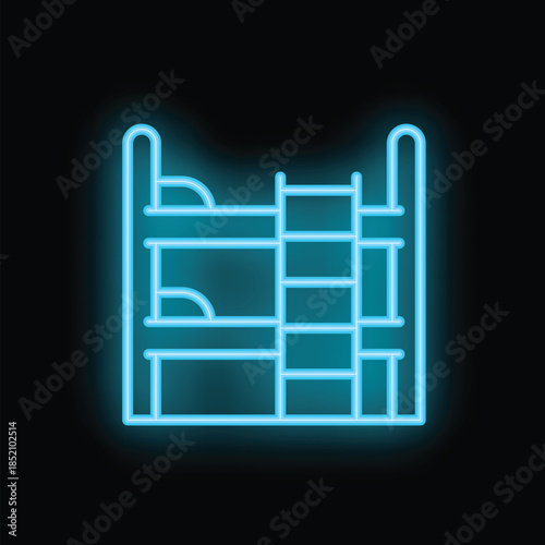 Bright blue neon icon of a bunk bed is glowing on a black background