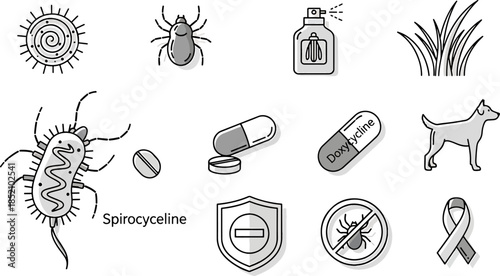 Collection of Medical Icons Including Bacteria Virus Tick Sun Grass Pills Spray Shield and Dog for Health Care